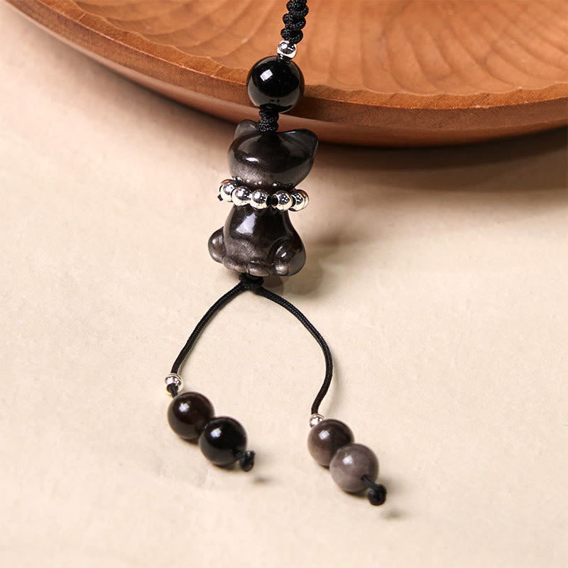 Buddha Stone Natural Silver Sheen Obsidian Noble Kitten Cat Soothing Phone Hanging Decoration - Silver Sheen Obsidian - image 1