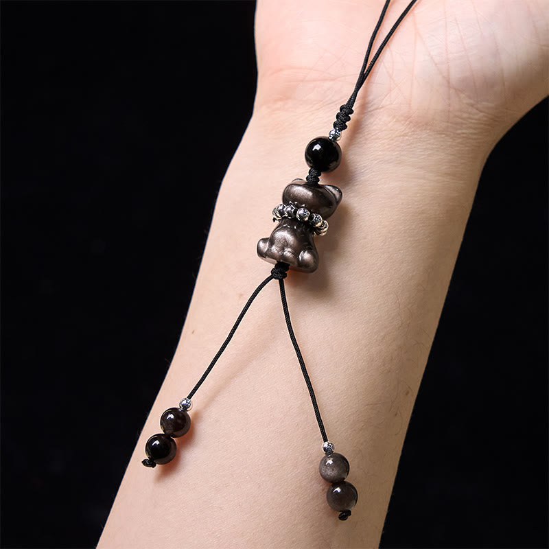 Buddha Stone Natural Silver Sheen Obsidian Noble Kitten Cat Soothing Phone Hanging Decoration - image 5