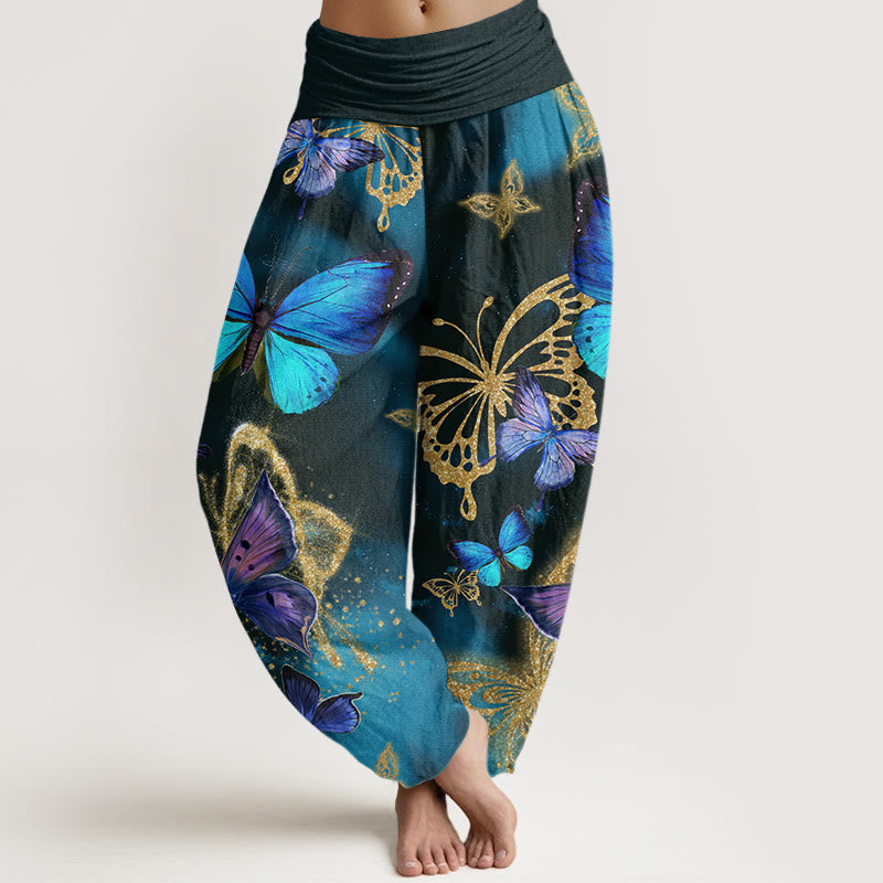 Buddha Stones Casual Butterfly Gold Pattern Women's Elastic Waist Harem Pants - DarkSlateGray - US22,UK/AU26,EU54 (6XL) - image 1