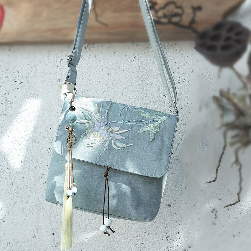 Buddha Stones Plain Embroidered LightBlue Epiphyllum Cotton Linen Crossbody Bag Shoulder Bag