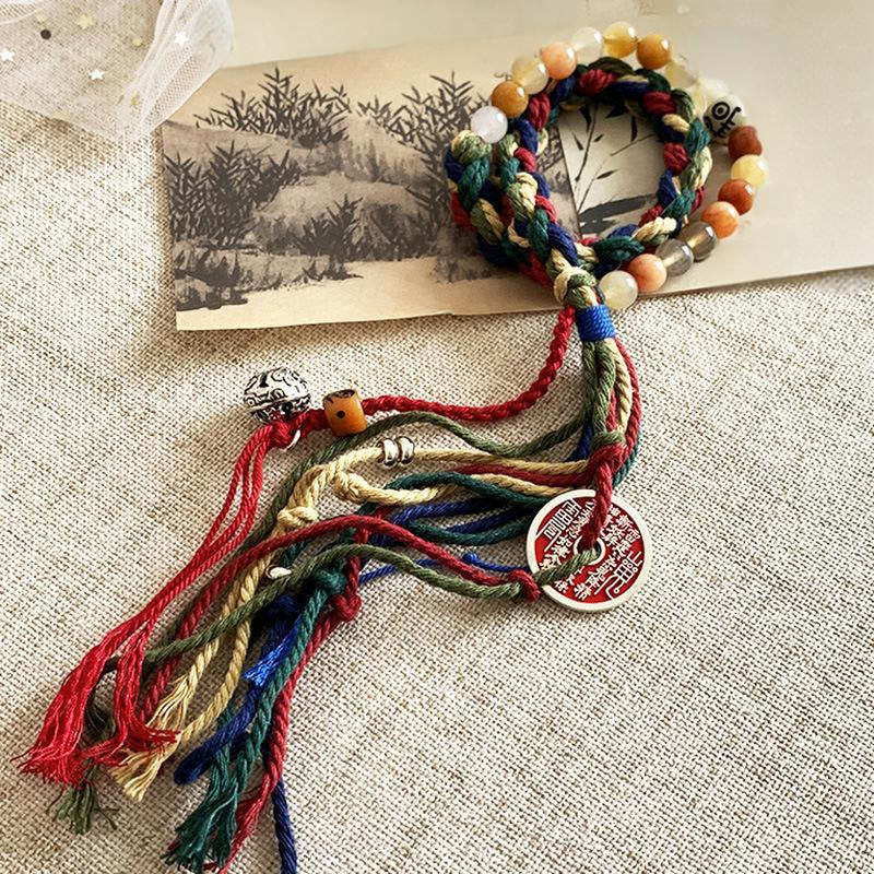 Buddha Stones Tibetan Mountain Ghosts Spend Money Colorful Chalcedony Double-Layer Colored Rope Tassel Positive Bracelet