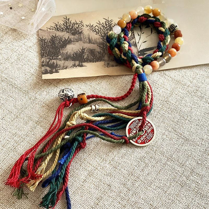 Buddha Stones Tibetan Mountain Ghosts Spend Money Colorful Chalcedony Double-Layer Colored Rope Tassel Positive Bracelet