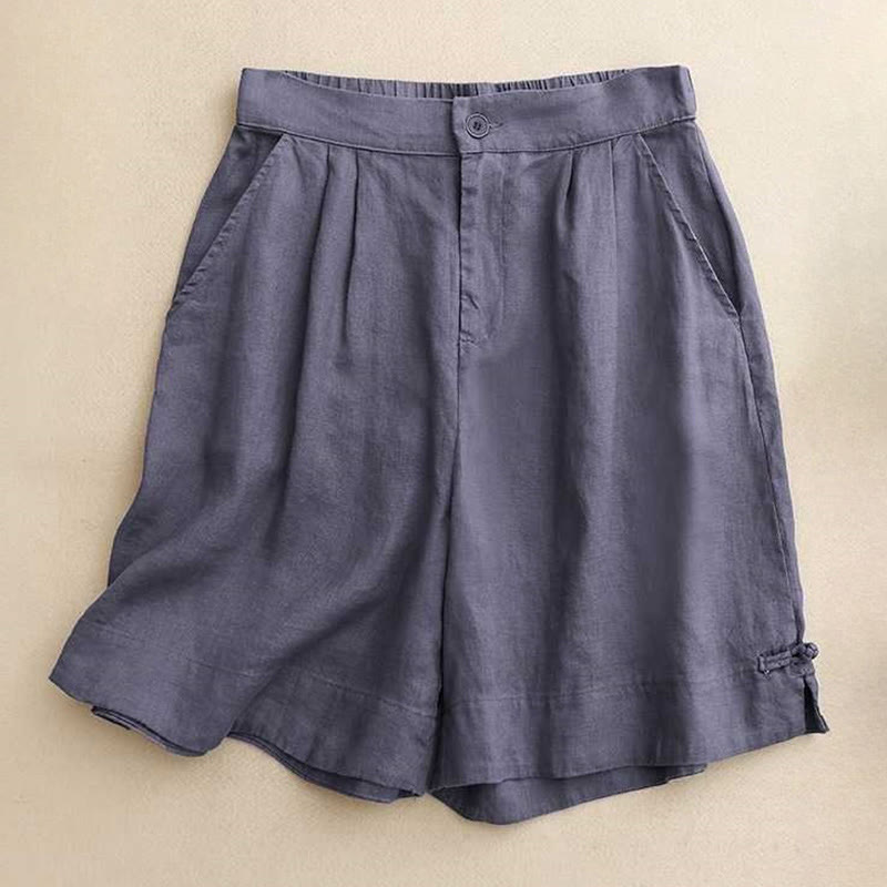 Buddha Stones Summer Casual Solid Color Zipper Button Acrylic Fiber Frog Button Women's Shorts With Pockets