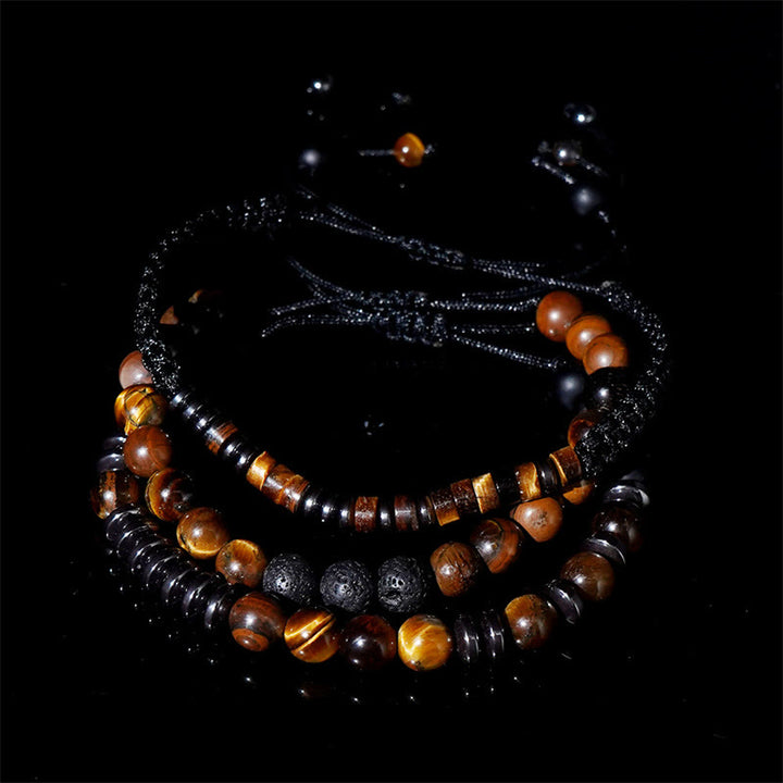 Buddha Stones 3Pcs Tiger Eye Lava Rock Protection Bracelet Set