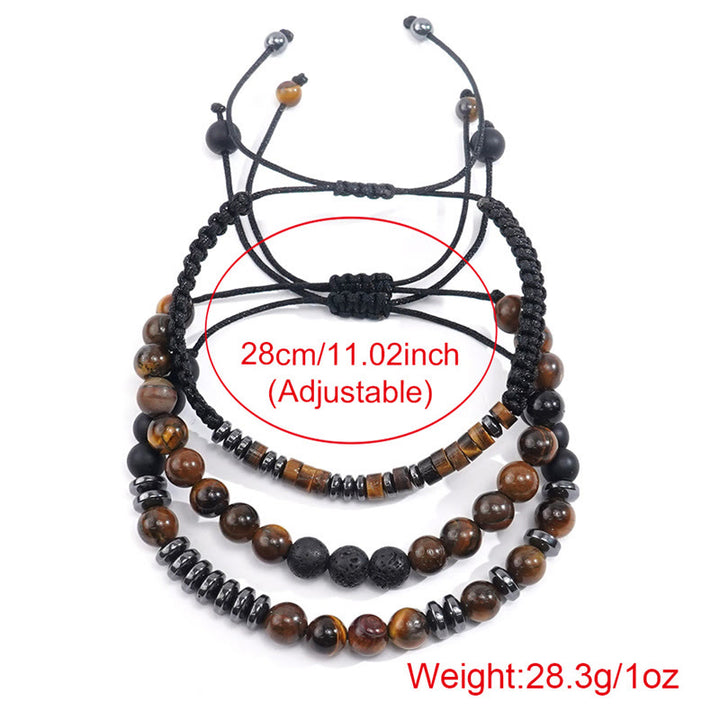 Buddha Stones 3Pcs Tiger Eye Lava Rock Protection Bracelet Set