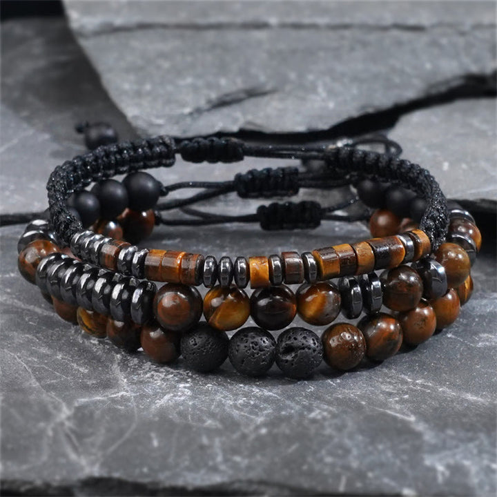 Buddha Stones 3Pcs Tiger Eye Lava Rock Protection Bracelet Set