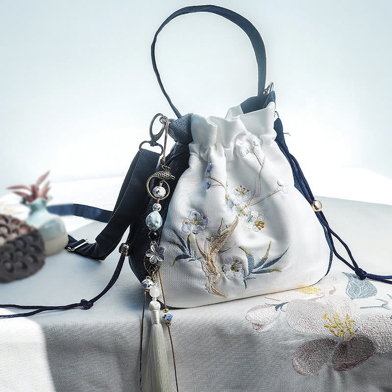 Buddha Stones Embroidered Magnolia Plum Blossom Cotton Linen Tote Crossbody Bag Shoulder Bag Handbag