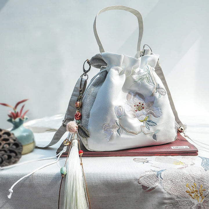 Buddha Stones Embroidered Magnolia Plum Blossom Cotton Linen Tote Crossbody Bag Shoulder Bag Handbag