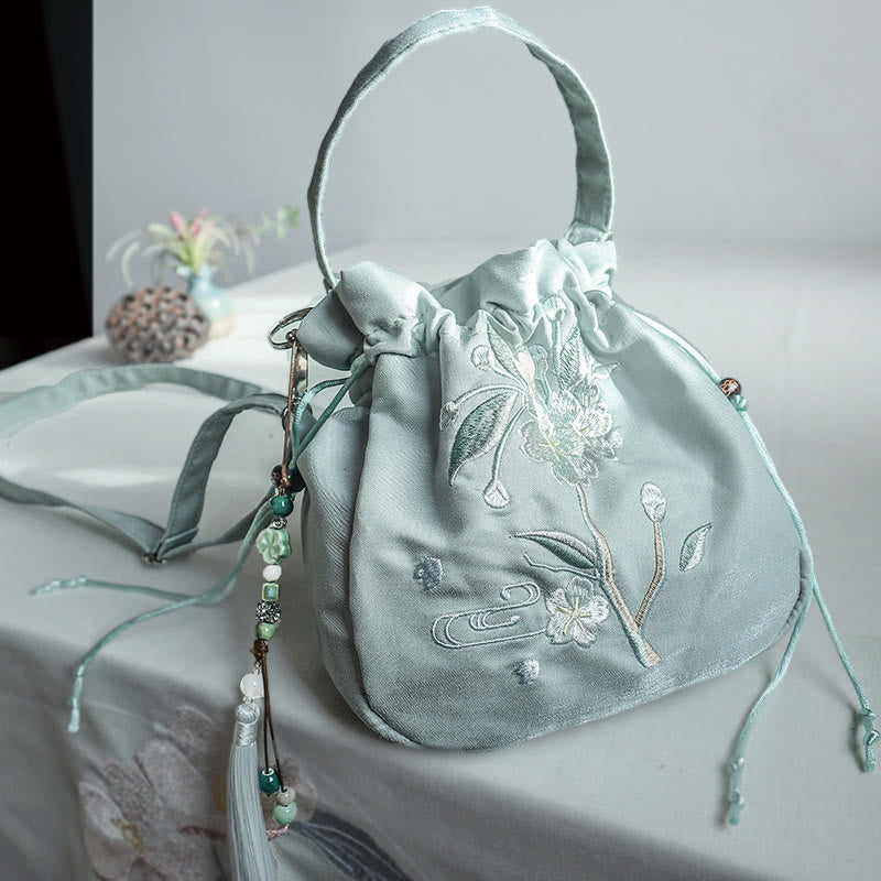 Buddha Stones Embroidered Green Flower Blossom Leaves Canvas Tote Crossbody Bag Shoulder Bag Handbag