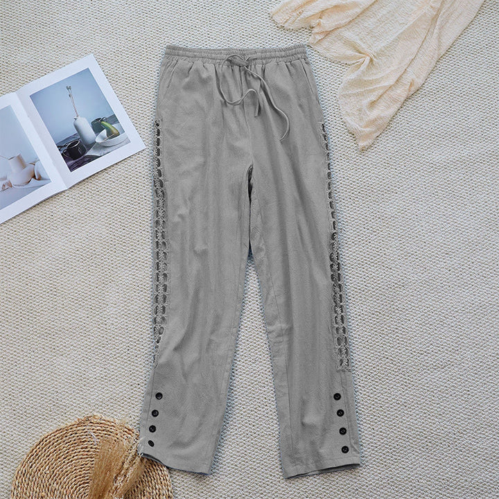 Buddha Stones Summer Plain Color Splicing Design Cotton Linen Women's Pants With Pockets - LightGrey - US12,UK/AU16,EU44 (2XL) - image 14