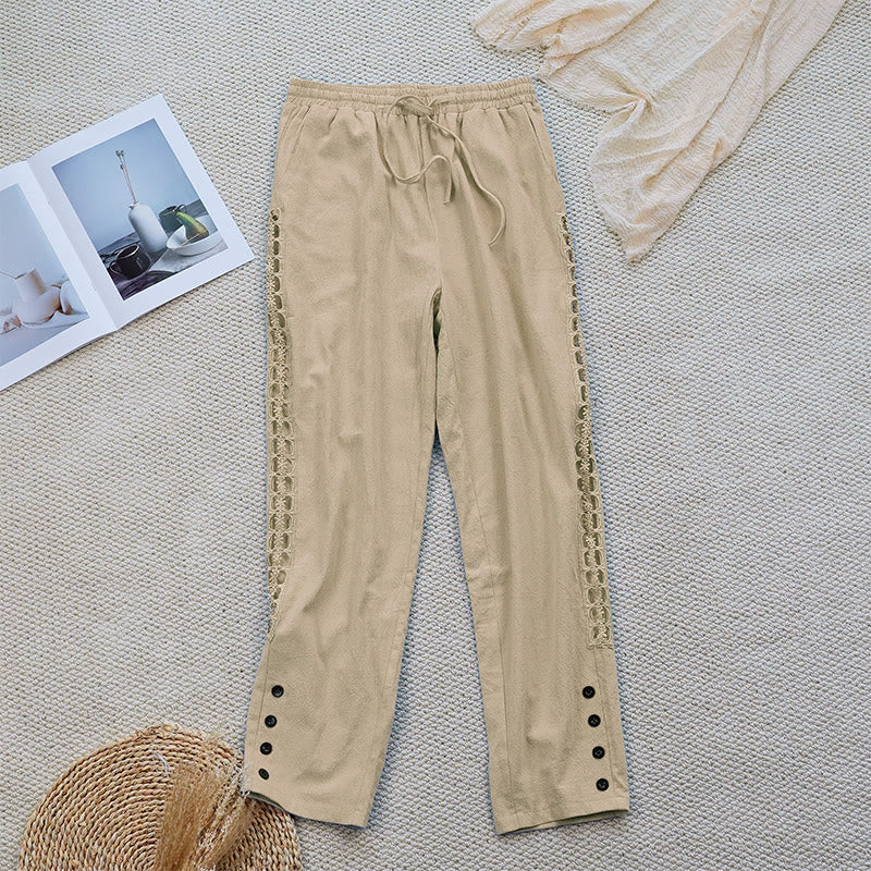 Buddha Stones Summer Plain Color Splicing Design Cotton Linen Women's Pants With Pockets - PaleGoldenrod - US12,UK/AU16,EU44 (2XL) - image 21
