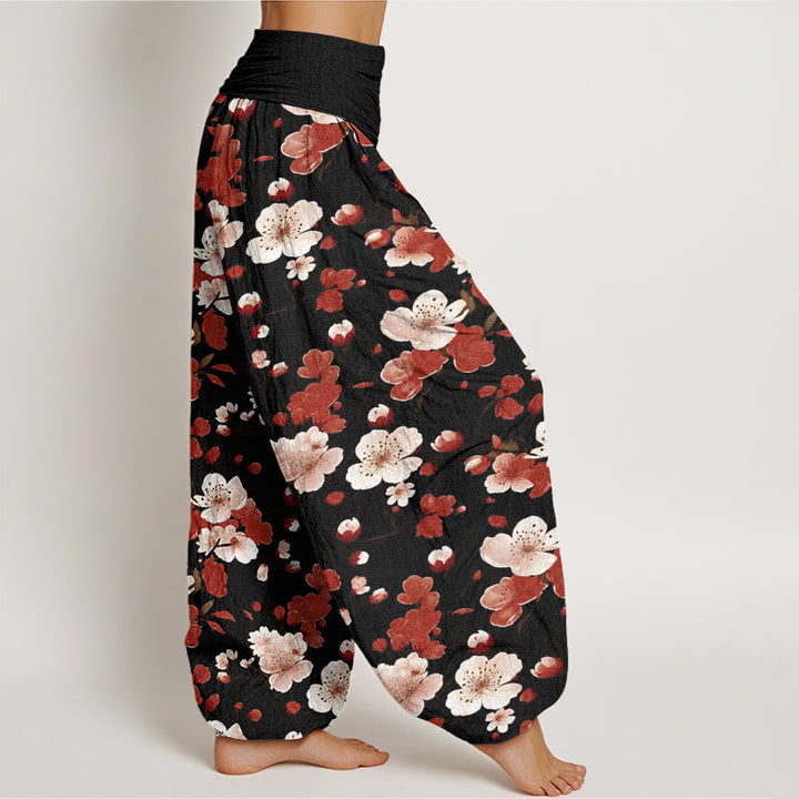 Buddha Stones Pink Red Peach Blossoms Design Women's Elastic Waist Harem Pants - image 3