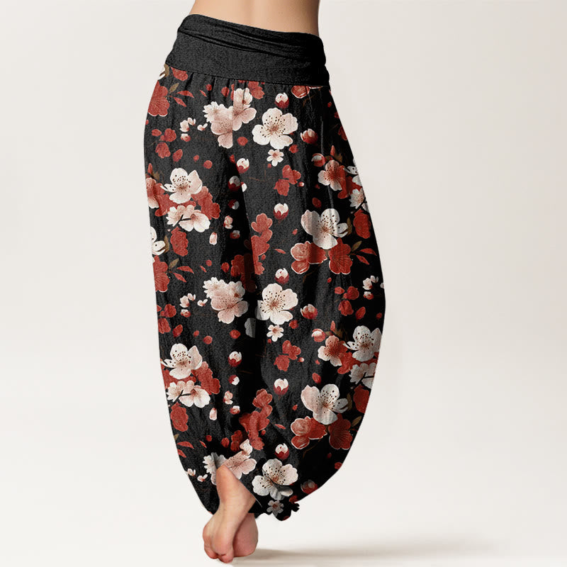 Buddha Stones Pink Red Peach Blossoms Design Women's Elastic Waist Harem Pants - image 2