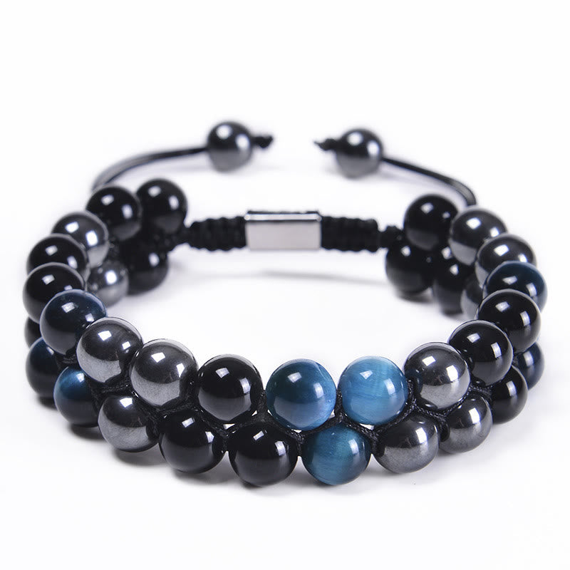 Buddha Stones Natural Blue Tiger Eye Black Magnetite Black Obsidian Double Row Beads Protection Bracelet