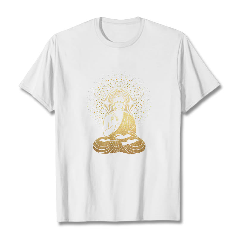 Buddha Stones Golden Meditation Buddha With Golden Aura Tee T-shirt - White - 2XL - image 8