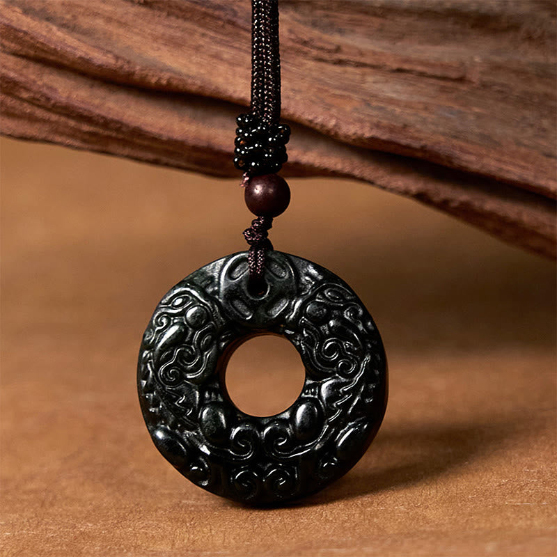 Buddha Stones Tibetan Nanyang Black-Green Jade PiXiu Peace Buckle Protection Necklace Pendant - Nanyang Black-Green Jade - image 1