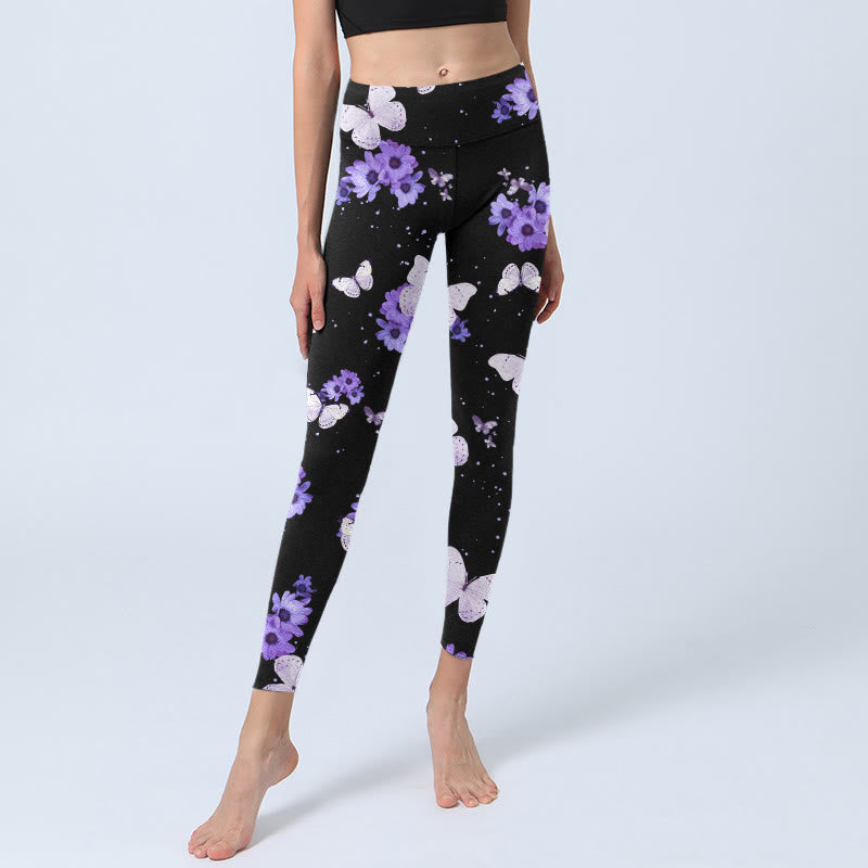 Buddha Stones Purple Floral Butterfly Print Exercise Leggings Women's Yoga Pants - image 6