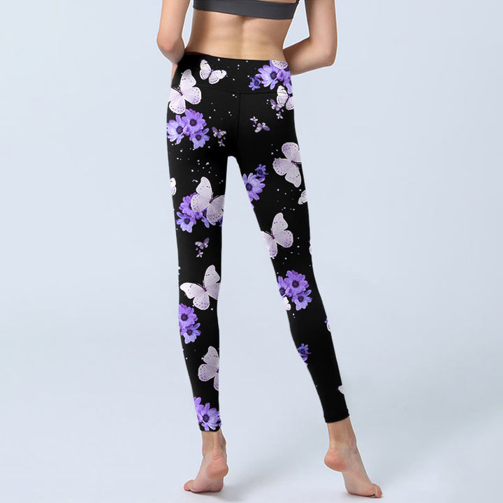 Buddha Stones Purple Floral Butterfly Print Exercise Leggings Women's Yoga Pants - image 7