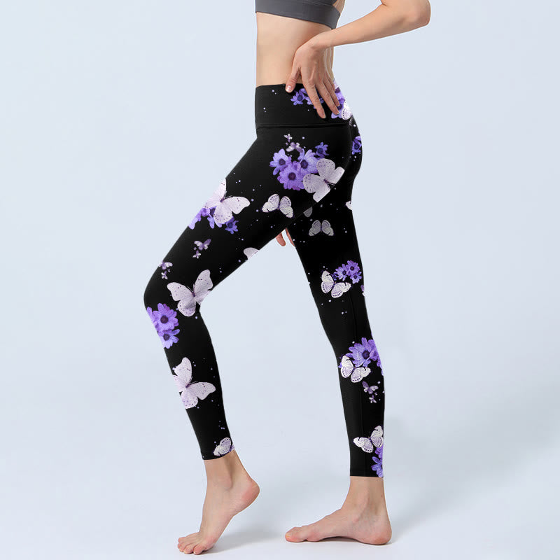 Buddha Stones Purple Floral Butterfly Print Exercise Leggings Women's Yoga Pants - image 3