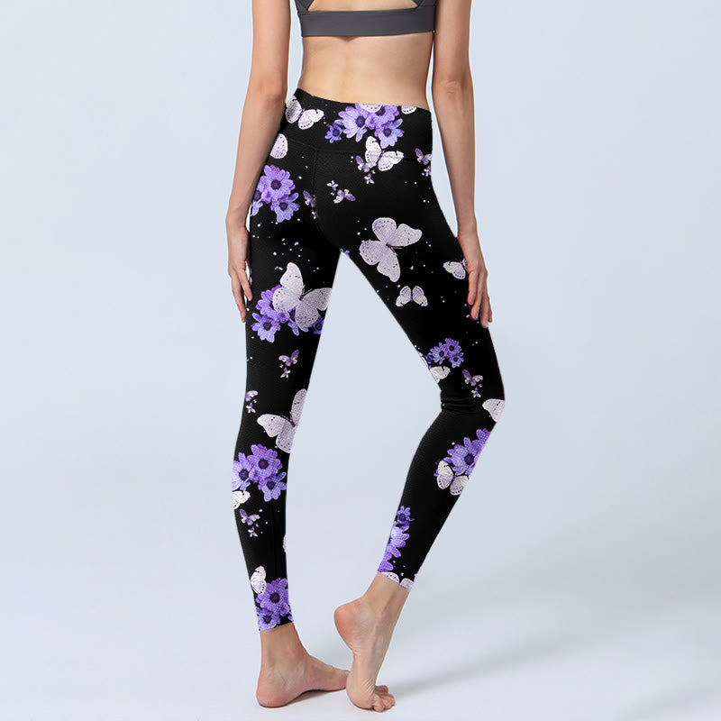 Buddha Stones Purple Floral Butterfly Print Exercise Leggings Women's Yoga Pants - image 4