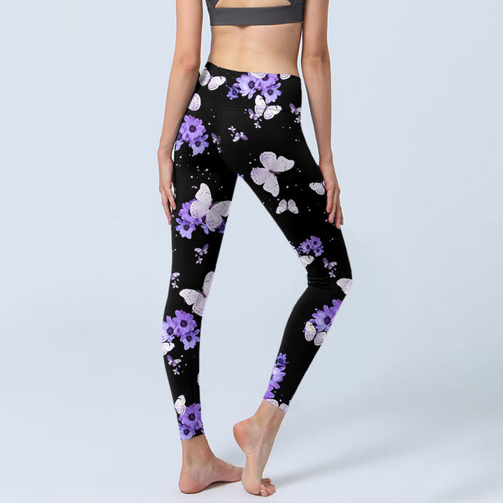 Buddha Stones Purple Floral Butterfly Print Exercise Leggings Women's Yoga Pants - image 4