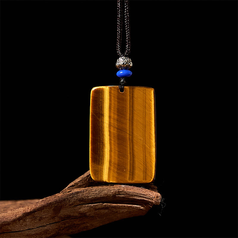 Buddha Stones Natural Tiger Eye Square Tiger Pattern Protection Rope Necklace Pendant