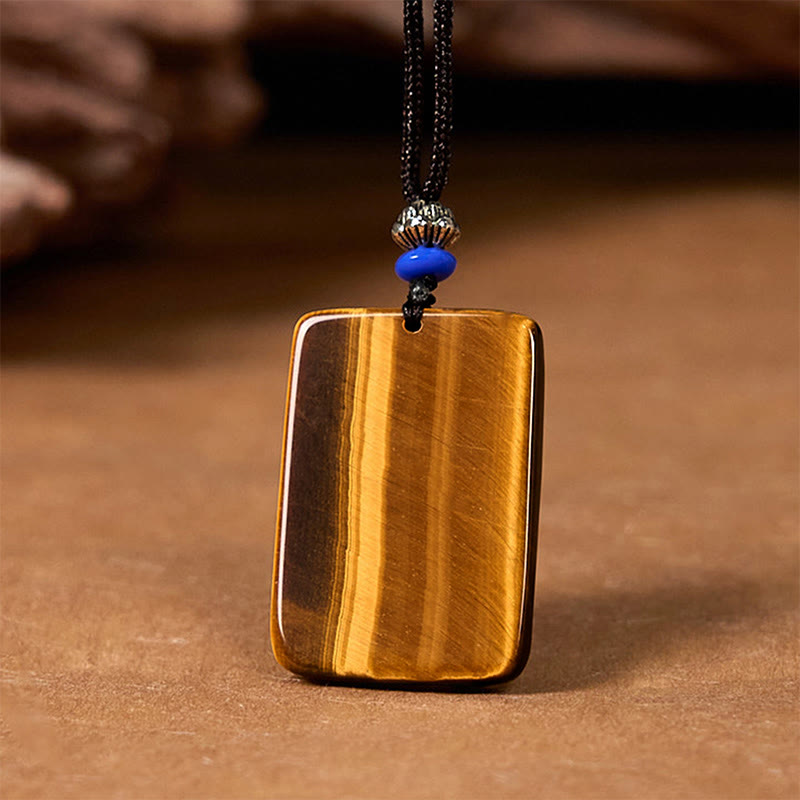Buddha Stones Natural Tiger Eye Square Tiger Pattern Protection Rope Necklace Pendant