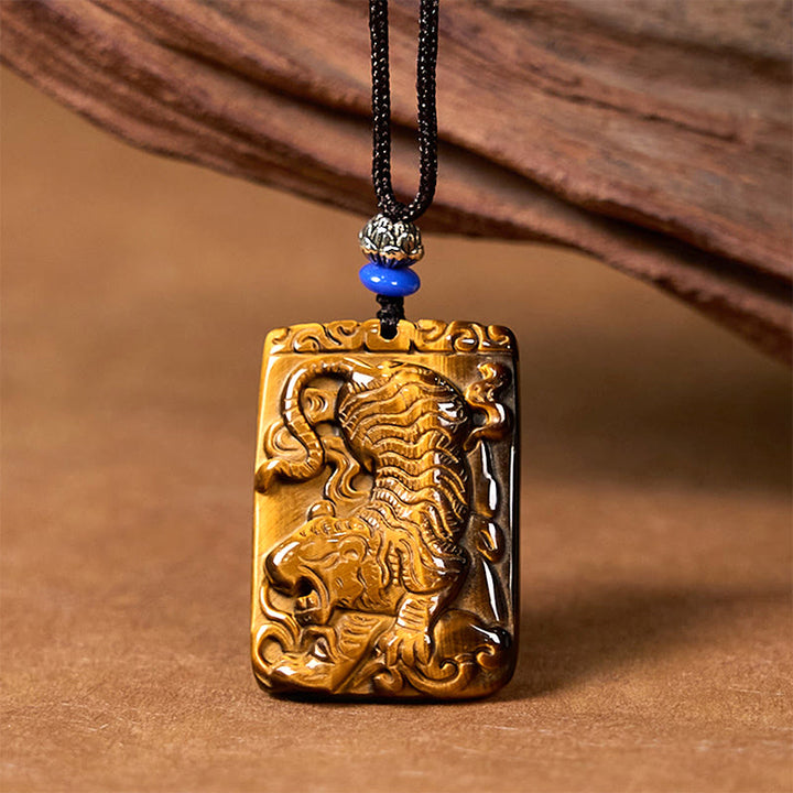 Buddha Stones Natural Tiger Eye Square Tiger Pattern Protection Rope Necklace Pendant