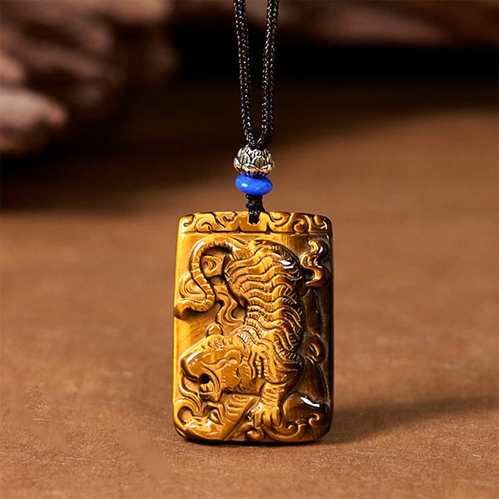 Buddha Stones Natural Tiger Eye Square Tiger Pattern Protection Rope Necklace Pendant