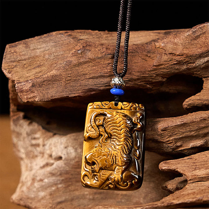 Buddha Stones Natural Tiger Eye Square Tiger Pattern Protection Rope Necklace Pendant