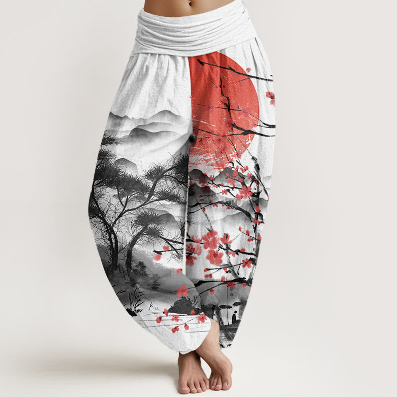 Buddha Stones Casual Red Plum Blossom Mountains Sun Pattern Women's Elastic Waist Harem Pants - White - US22,UK/AU26,EU54 (6XL) - image 1