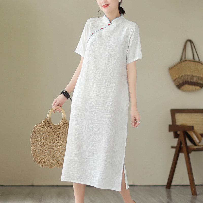 Buddha Stones Pure Color Short Sleeve Jacquard Chinese Cheongsam Qipao Midi Dress With Pockets - White - US8-10,UK/AU12-14,EU40-42 (2XL) - image 0