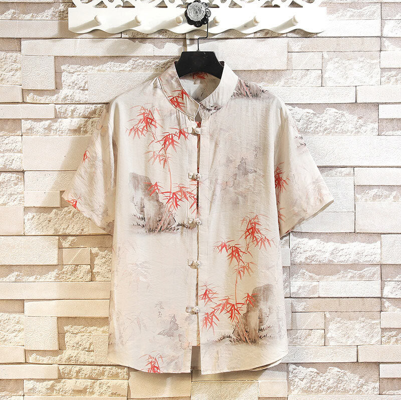 Buddha Stones Summer Bamboo Butterfly Pattern Short Sleeve Frog-button Design Men's Shirt Jacket - Beige - US/UK/AU46,EU56 (5XL) - image 0