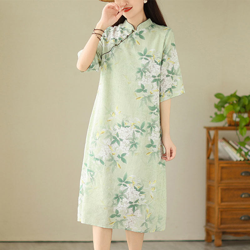 Buddha Stones Floral Jacquard Cotton Linen Chinese Cheongsam Qipao Half Sleeve Midi Dress With Pockets - PaleGreen - US8-10,UK/AU12-14,EU40-42 (2XL) - image 0