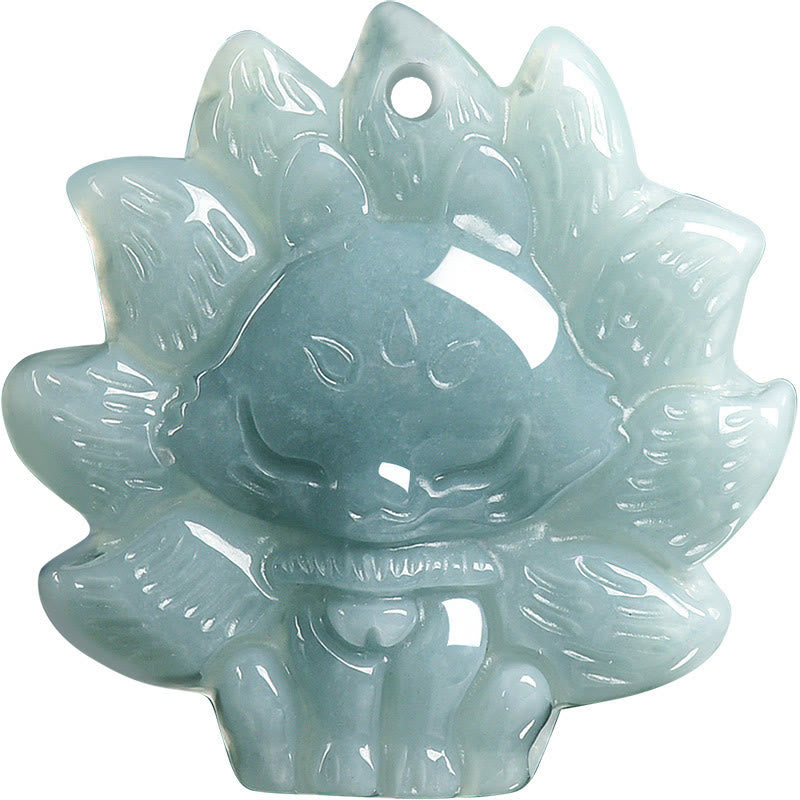 Buddha Stones Natural Green Jade Nine Tailed Fox Abundance Necklace Pendant