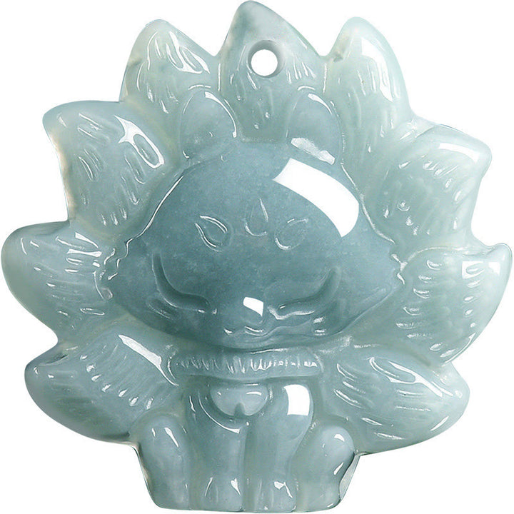 Buddha Stones Natural Green Jade Nine Tailed Fox Abundance Necklace Pendant