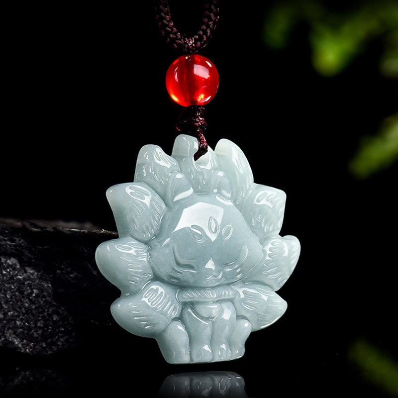 Buddha Stones Natural Green Jade Nine Tailed Fox Abundance Necklace Pendant