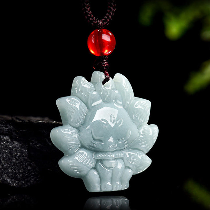 Buddha Stones Natural Green Jade Nine Tailed Fox Abundance Necklace Pendant