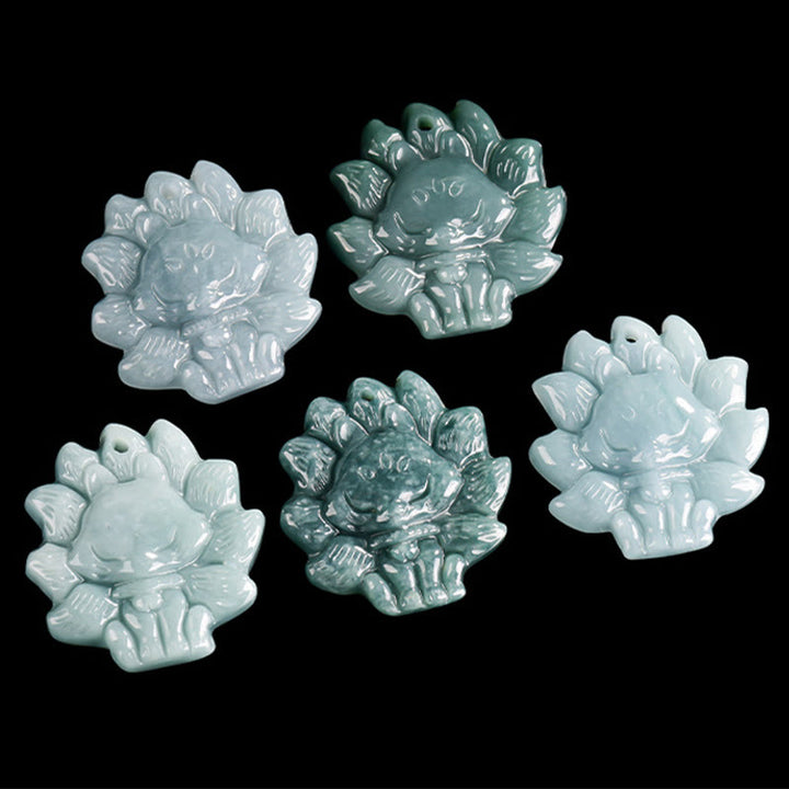 Buddha Stones Natural Green Jade Nine Tailed Fox Abundance Necklace Pendant