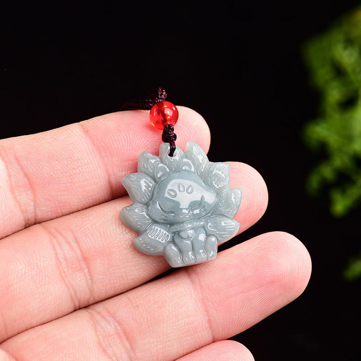 Buddha Stones Natural Green Jade Nine Tailed Fox Abundance Necklace Pendant