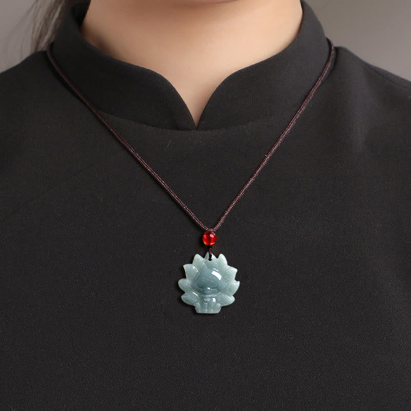 Buddha Stones Natural Green Jade Nine Tailed Fox Abundance Necklace Pendant