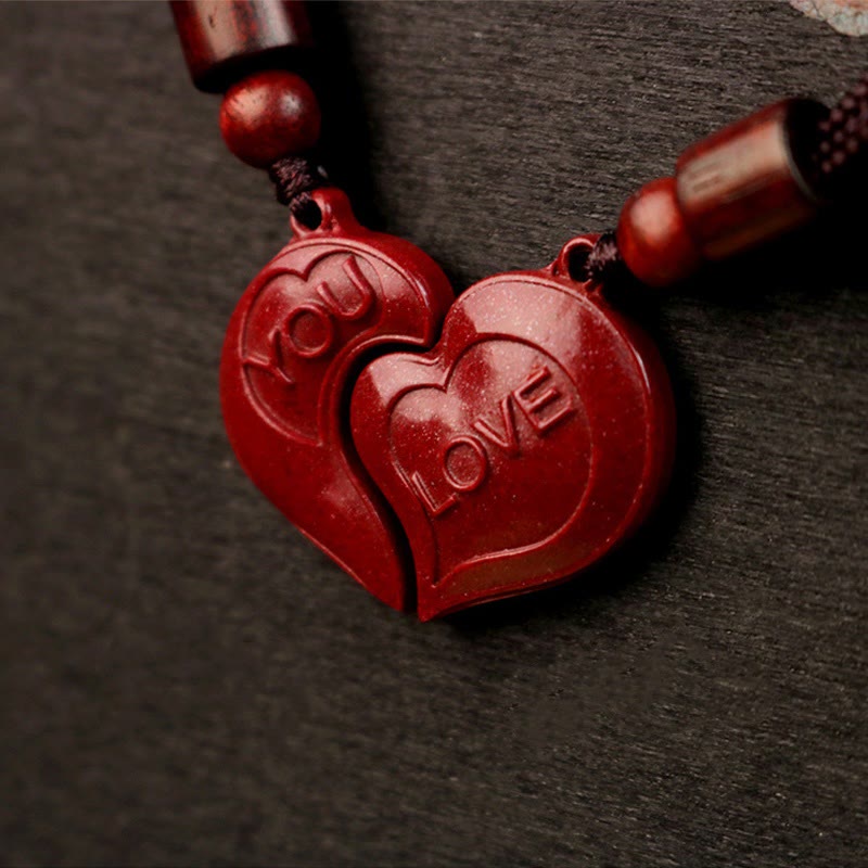 Buddha Stones 2Pcs LOVE YOU Natural Cinnabar Love Heart String Blessing Couple Necklace Pendant