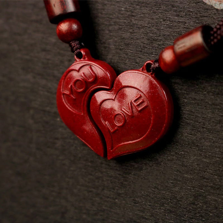 Buddha Stones 2Pcs LOVE YOU Natural Cinnabar Love Heart String Blessing Couple Necklace Pendant
