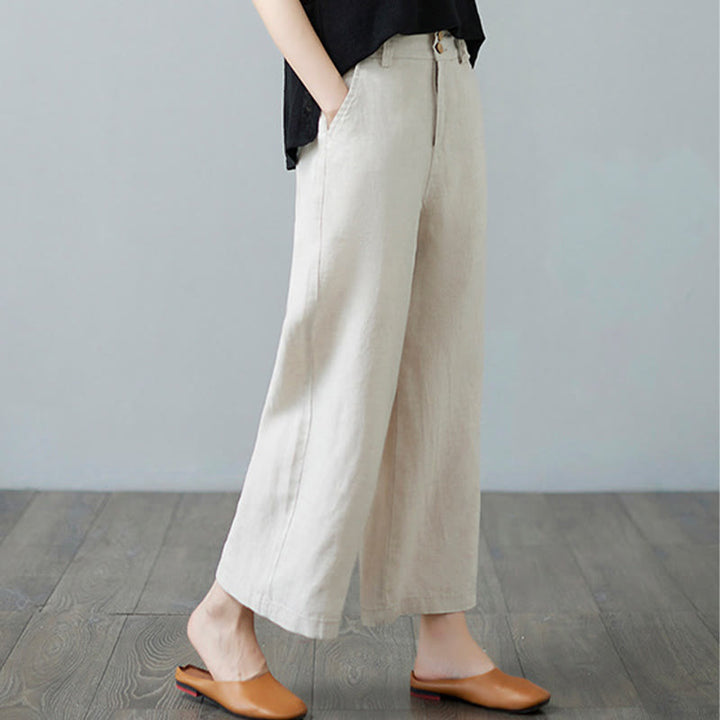 Buddha Stones Daily Solid Color Patchwork Simple Design Cotton Linen Women's Pants With Pockets - image 4