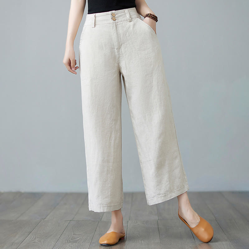 Buddha Stones Daily Solid Color Patchwork Simple Design Cotton Linen Women's Pants With Pockets - Beige - US8-10,UK/AU12-14,EU40-42 (2XL) - image 0