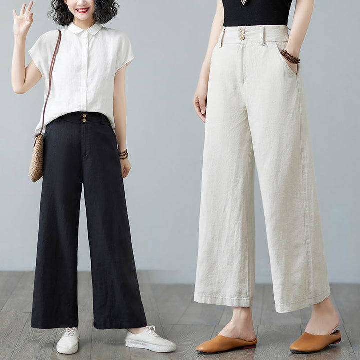 Buddha Stones Daily Solid Color Patchwork Simple Design Cotton Linen Women's Pants With Pockets - image 28