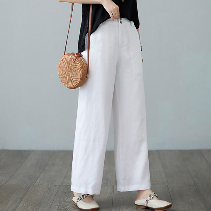 Buddha Stones Daily Solid Color Patchwork Simple Design Cotton Linen Women's Pants With Pockets - image 20