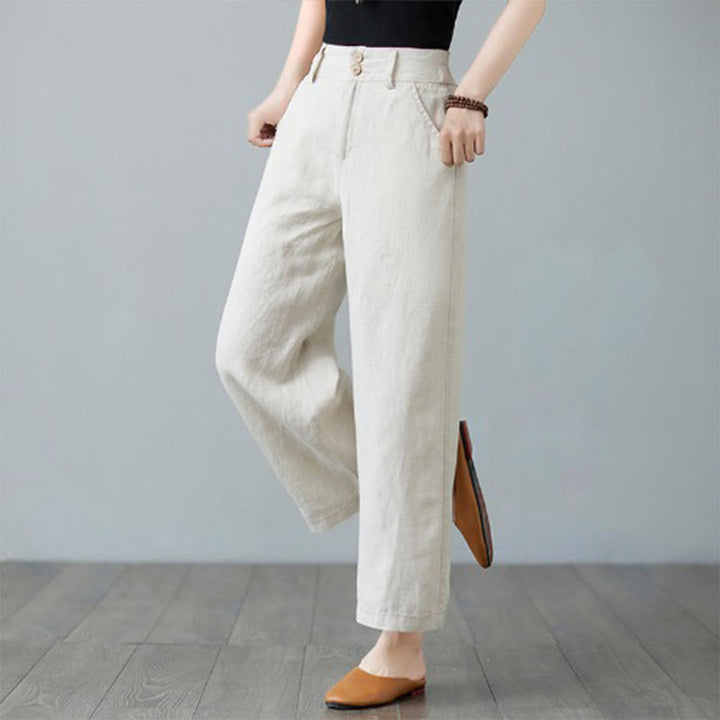 Buddha Stones Daily Solid Color Patchwork Simple Design Cotton Linen Women's Pants With Pockets - image 5