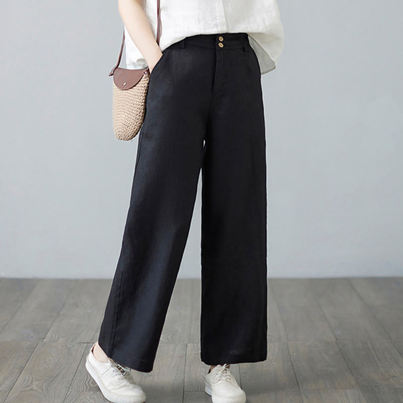 Buddha Stones Daily Solid Color Patchwork Simple Design Cotton Linen Women's Pants With Pockets - image 24