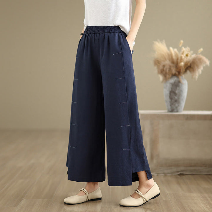 Buddha Stones Spring Casual Navy Simple Line Design Cotton Linen Women's Wide Leg Pants With Pockets - Navy - US8-10,UK/AU12-14,EU40-42 (2XL) - image 0